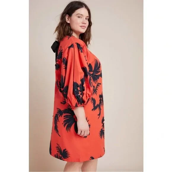 Atsu Anthropologie red black beaded floral puff statement sleeve shift dress - Picture 2 of 7